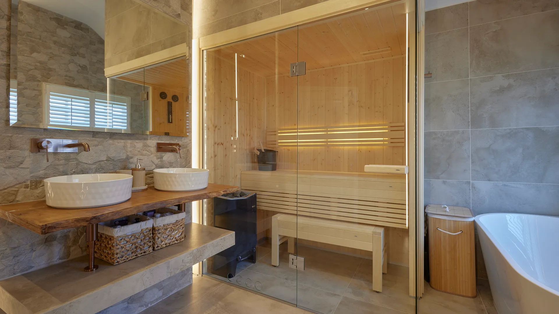 Bathroom sauna with shower, vanity and timber sauna