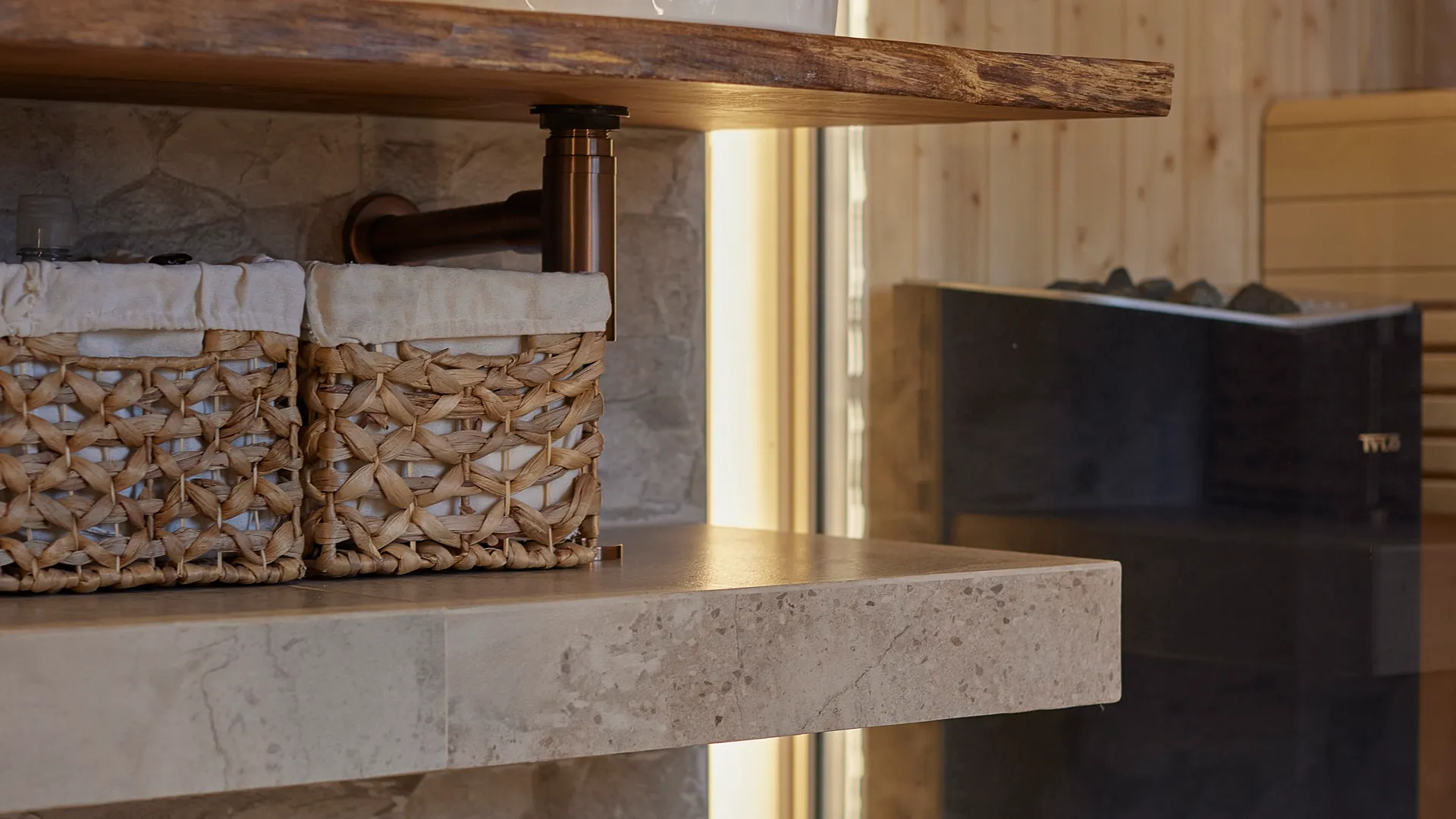 Bathroom sauna shelf detail by Mia James