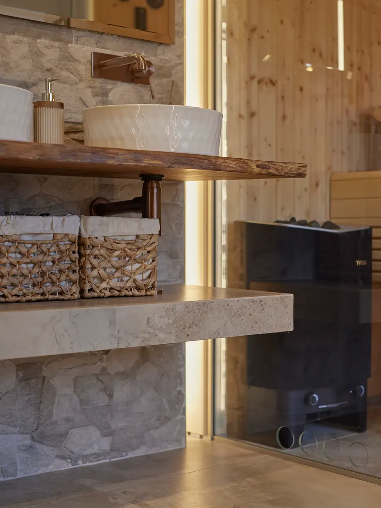Bathroom sauna shelf detail by Mia James