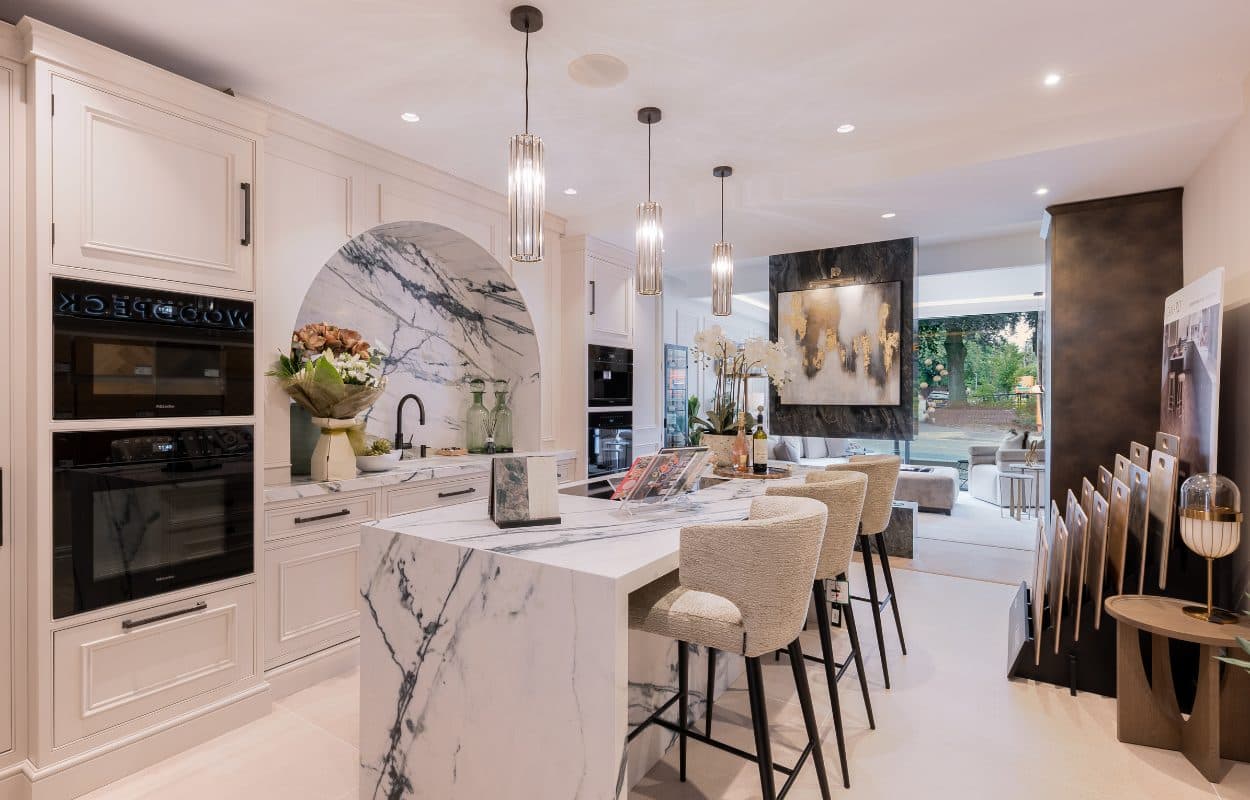 Luxury marble kitchen with island by Mia James